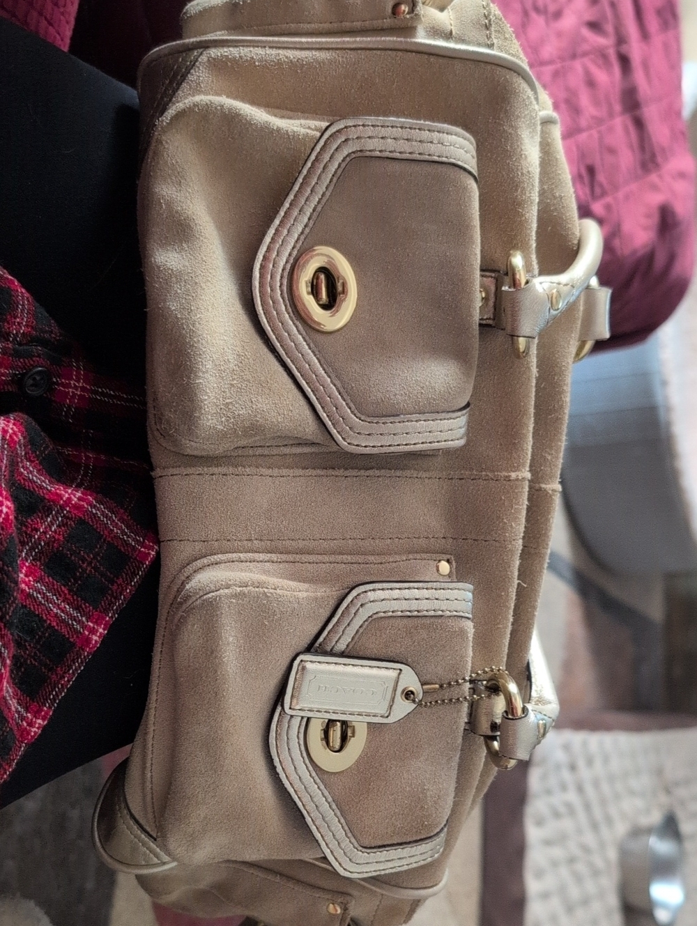 Coach Taupe Suede Shoulder Bag with Gold Hardware